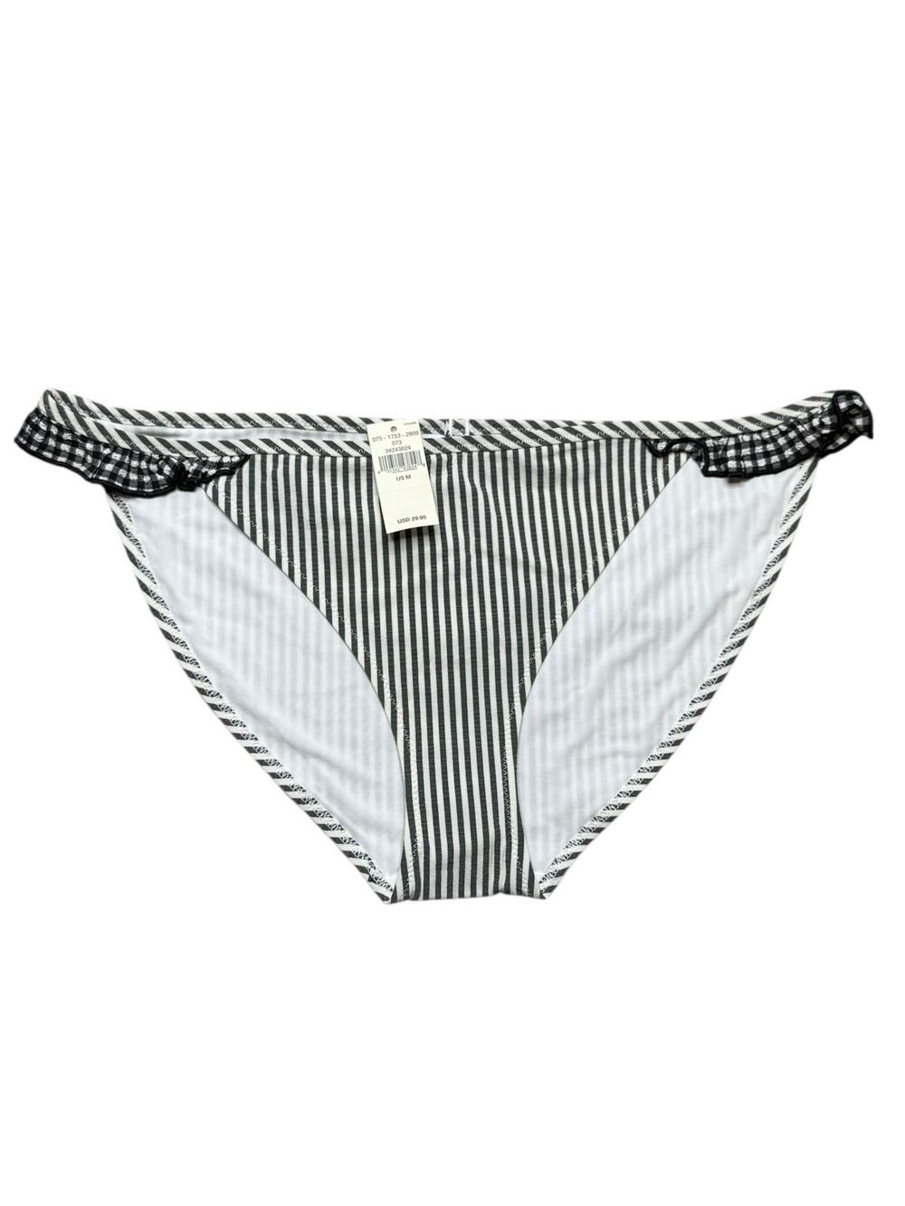 NEW Aerie Bikini Bottoms Women M Seersucker Ruffle Gingham Stripe Gray White